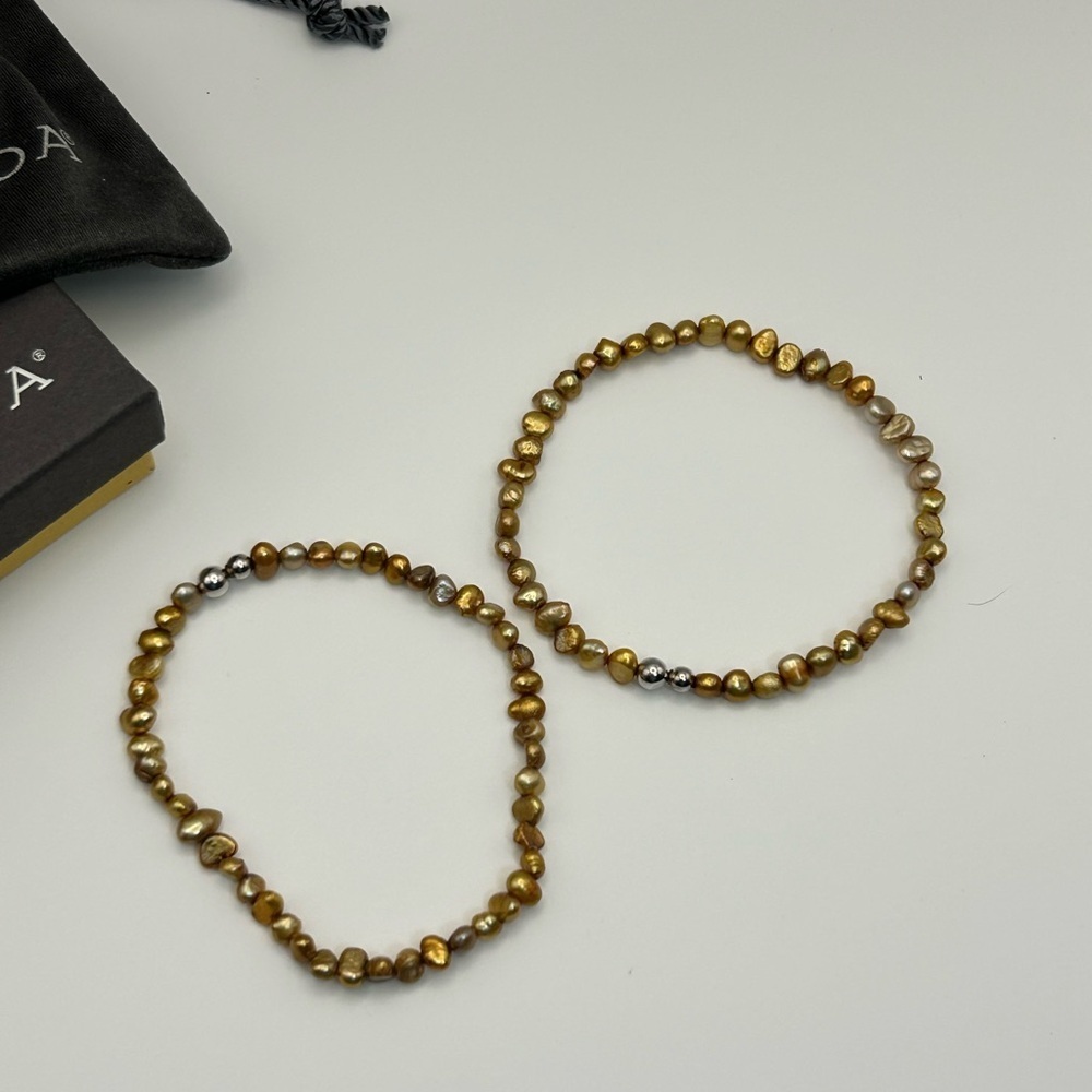Silpada Bronze Silver Beaded Stretch Bracelet Pair Freshwater Pearls Silver Bead - Picture 2 of 8